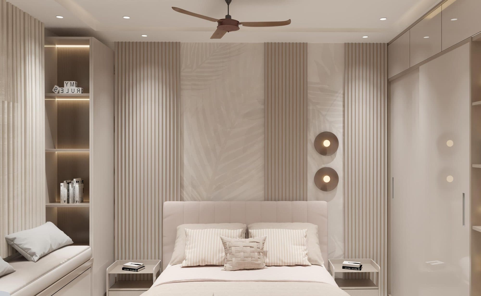 Bedroom with a full-height fluted headboard wall and brass sconces